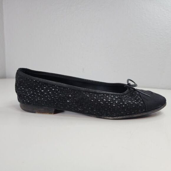 Chanel Glitter Tweed Ballet Flats Black Grosgrain Cap Toe Bow 37 Made in Italy - Picture 8 of 16